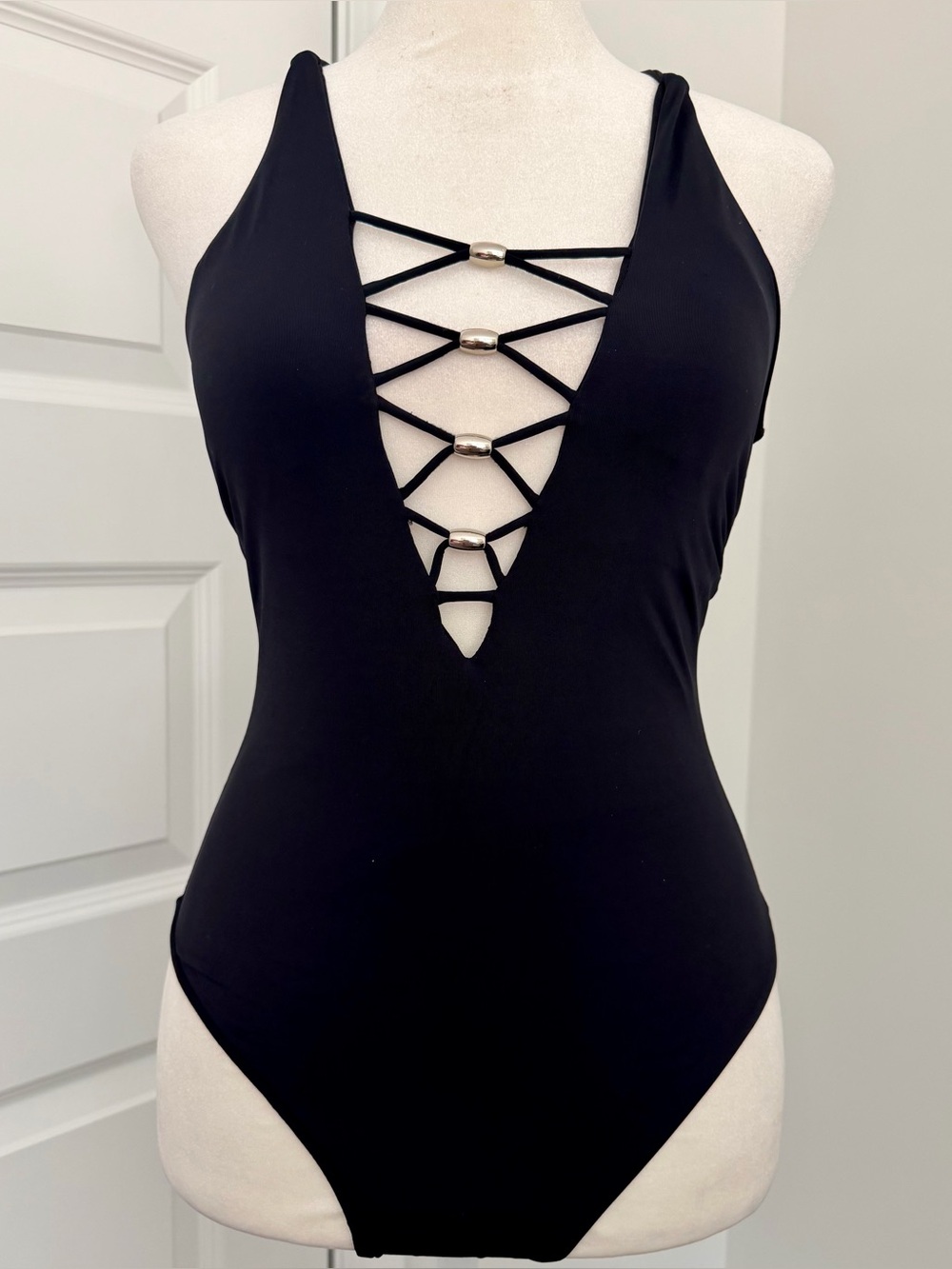 Black Plunge One Piece Swimsuit Strappy Open Back Monokini